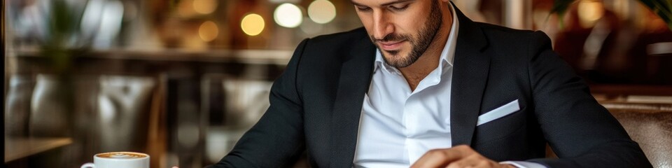 A handsome businessman in a white shirt and black blazer, sitting at a caf?(C), working on a tablet with a coffee cup nearby.