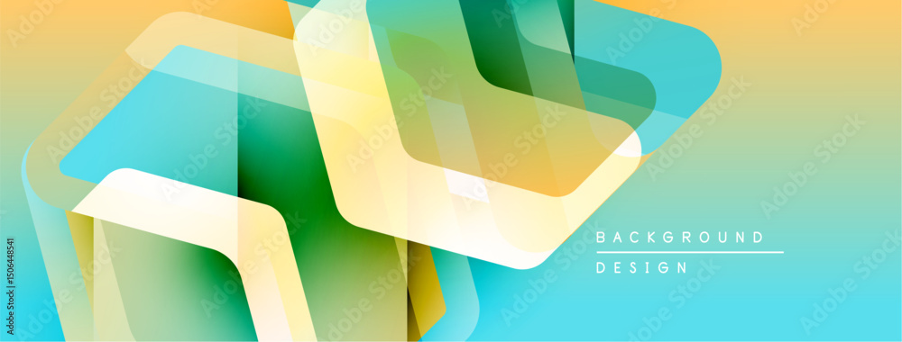 Poster abstract geometric shapes overlap, creating vibrant color gradients. yellows, greens, blues blend sm