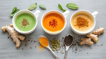 Assorted healthy drinks with spices and herbs.