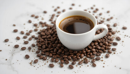 Obraz premium White coffee cup surrounded by scattered coffee beans on white background. 