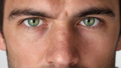 Naklejka premium Closeup portrait of Serious young man in late twenties or early thirties with bright green eyes on white background.