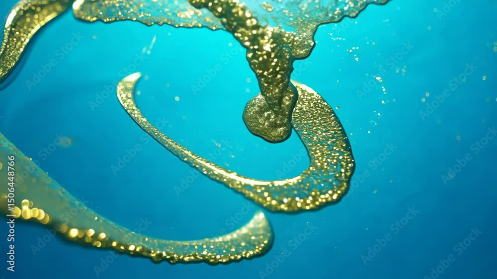 Poster Dynamic drops of yellow glitter in blue oil or ink diffusing through water, creating an abstract aquatic swirls
