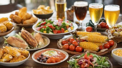 Various Food and Drinks Platter on Wooden Table in Restaurant Setting with Salad, Beer, and Corn on the Cob
