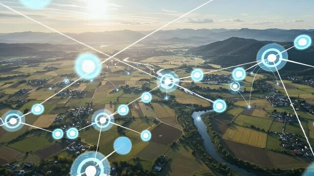 Aerial view of rural landscape with interconnected data points