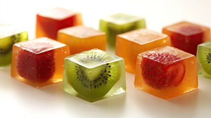 Fruit-infused cubes of flavored jelly.