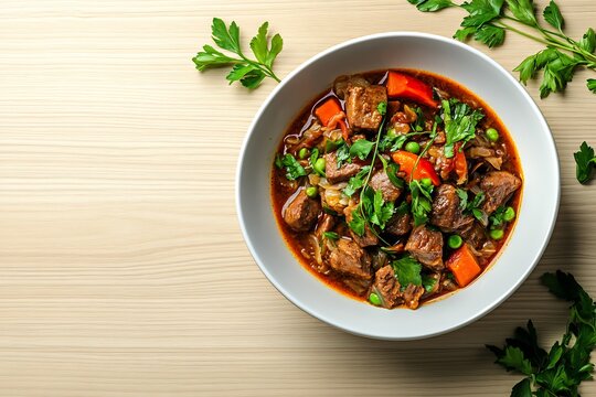 Mulgikapsad Sauerkraut And Pork Stew Served In A Rustic White Bowl, Placed On A Light Wood Table. Overhead Light Highlights The Textures And Warm Tones. Bottom Left Corner Is Empty For Food