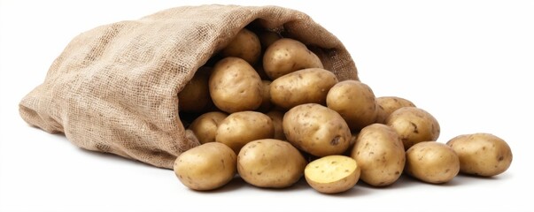 Obraz premium Burlap sack overflowing with speckled light brown potatoes on a white background.