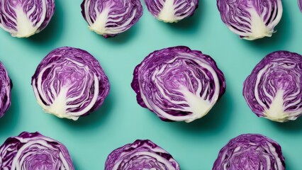 Vibrant red cabbage heads in grid pattern on turquoise background with swirling textures and varying sizes.