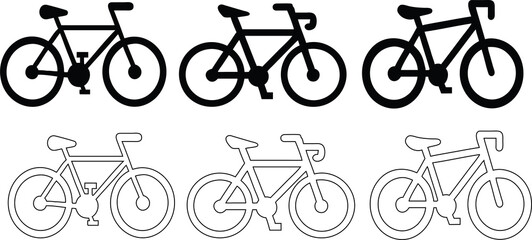Bicycle flat and outline icon set, Vintage race bicycle silhouette vector set with gears, ideal for cycling and city scenes.