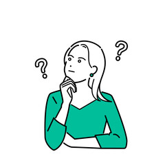 私服の女性がはてなを浮かべて考えるイメージイラスト