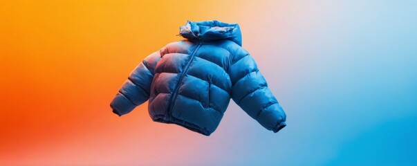 Blue quilted puffer jacket floating against vibrant orange and blue gradient background, creating a peaceful and serene atmosphere.