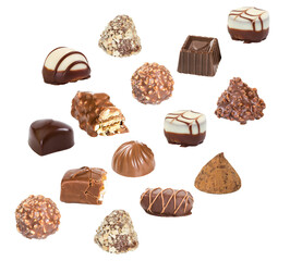 chocolate pralines assortment isolated on white background