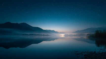 Serene Twilight Lake with Starry Reflections/星空反射の静かな湖：夕暮れ1
