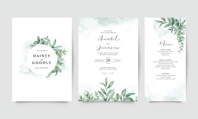 Wedding invitation card set template with beautiful leaves