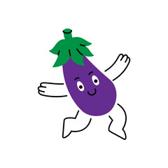 Funny eggplant character jumping and dancing with a joyful smile. Fresh organic vegetables. Healthy eating. Vector illustration.