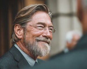 Smiling elderly man with gray hair and beard wearing glasses and a dark blazer in an outdoor setting during daytime