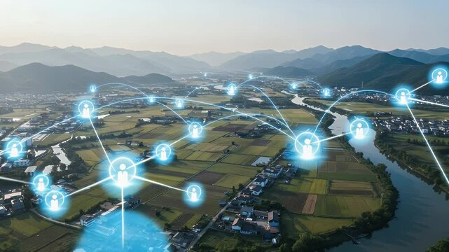 Aerial view of rural landscape with interconnected people icons