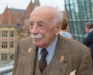 Elderly man with white mustache wearing a checkered blazer and gold lapel pins standing outdoors in front of historic brick buildings and modern glass structures