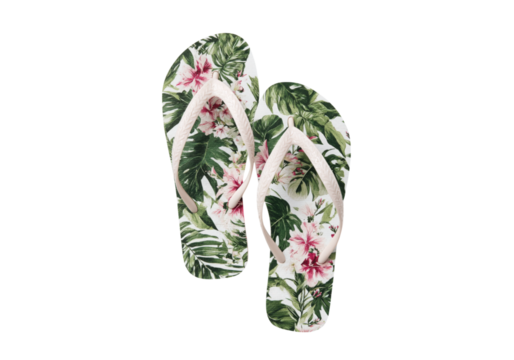 Flip Flop with Printed Pattern on White Background. a vibrant, colorful design perfect for beach days, poolside lounging, On Transparent Background, Png - Powered by Adobe