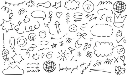 Hand-drawn doodle set with hearts, stars, arrows, scribbles, speech bubbles, emoji, flowers. Cute vector line art for stickers, digital art, branding, design, stationery, and illustrations.