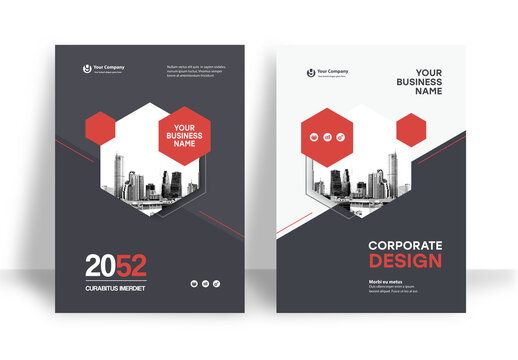 Business Report Cover Template &ndash; Red and Dark Gray Hexagon Geometric Layout (A4)