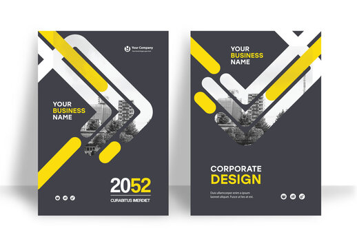 Corporate Report Cover Template &ndash; Yellow and Black Geometric Line Design (A4)