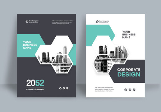 Business Report Cover Template &ndash; Green and Black Hexagon Geometric Layout (A4)
