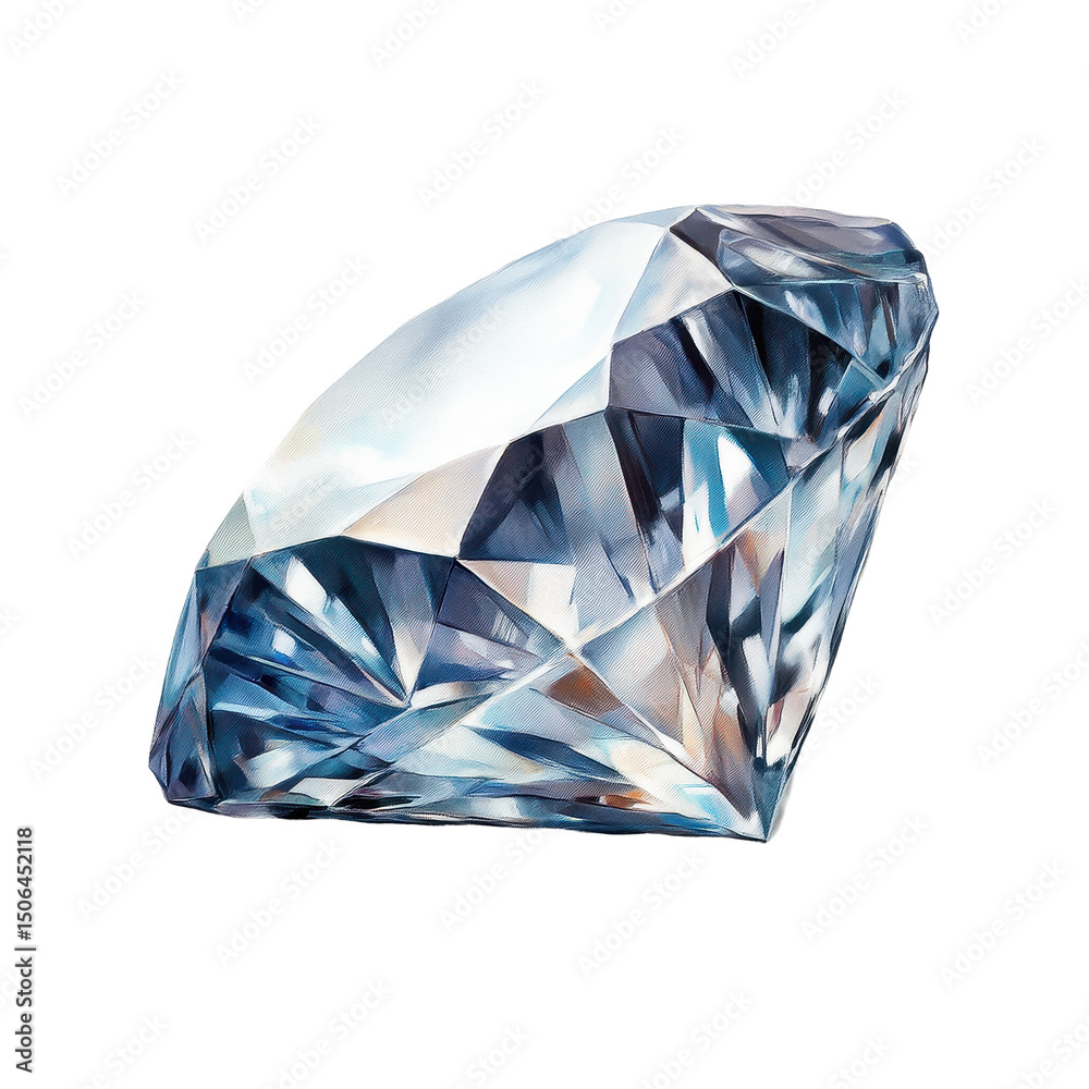 Poster sparkling diamond resting on a smooth white surface reflecting light and colors, the diamond on a tr