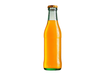 Glass Bottle with Tropical Juice on White Background. A clear glass bottle filled with vibrant tropical juice, showcasing bright orange and yellow hues, On Transparent Background, Png