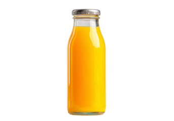 Glass Bottle with Tropical Juice on White Background. A clear glass bottle filled with vibrant tropical juice, showcasing bright orange and yellow hues, On Transparent Background, Png