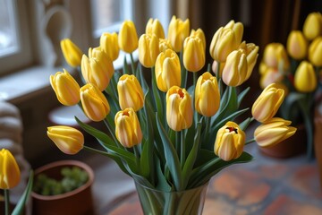 Bright Yellow Tulips Arranged in a Glass Vase on a Rustic Table  

