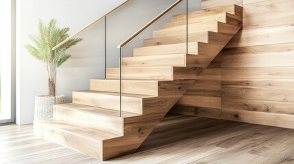 Wooden staircase with glass railing in a modern interior.