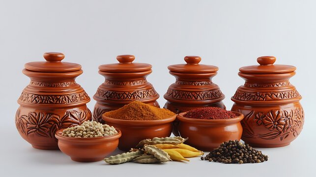 spices in terracotta pots indian colourful spices group of indian spices group of spices india and spices arranged in different size terracotta pots,