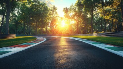 Racing Track at Sunset: An empty racetrack is kissed by the golden glow of the setting sun, with lush trees flanking the asphalt in a picturesque outdoor landscape.