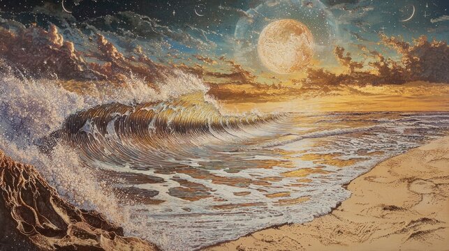 A vibrant, celestial seascape of a crashing wave.