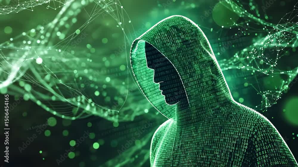Poster cybersecurity: hacker with binary swirl