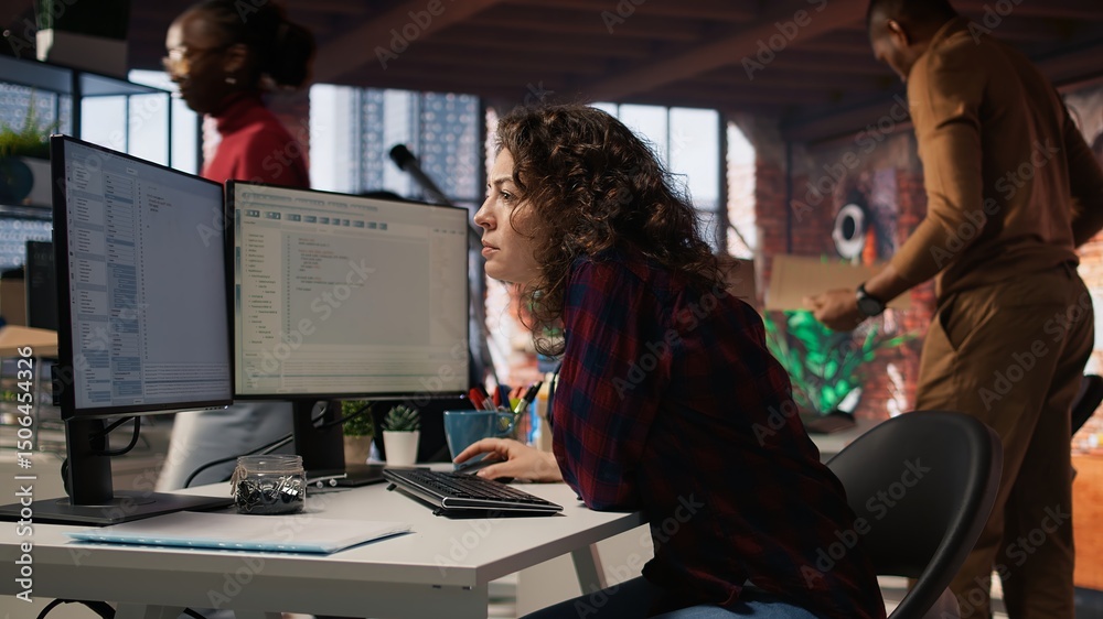 Poster startup cybersecurity expert looking for company security vulnerabilities on computer monitors. soft