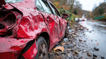 Automobile Collision: The aftermath of a severe car accident is captured in this photo, featuring a wrecked vehicle. The scene evokes a sense of impact, destruction, and potential danger on the road.