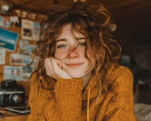 Joyful young woman with curly hair and blue eyes resting her chin on hand in cozy indoor setting with warm lighting and casual attire