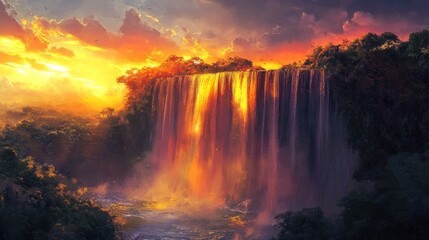 Fototapeta premium Fiery Sunset Illuminates Jungle Waterfall