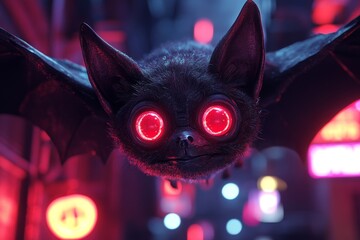 Cyberpunk bat flying night city alley