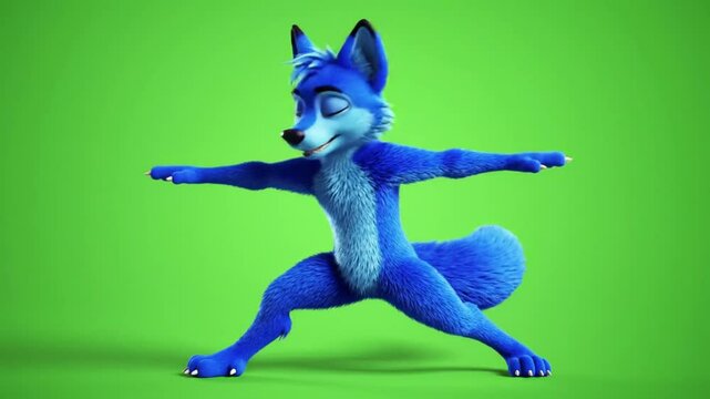 Blue Cartoon Wolf Furry in Yoga Pose on Green Background Vibrant illustration of a blue cartoon wolf furry character in a yoga warrior pose on a green background. Perfect for wellness, yoga
