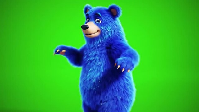Blue Cartoon Bear Furry Dancing on Green Background Playful blue cartoon bear furry character dancing energetically on a green background. Perfect for fitness, dance, and playful design projects. 