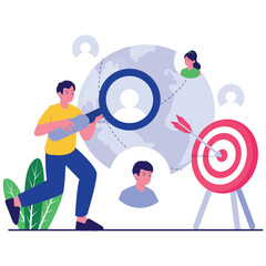 Target Audience Illustration. Vector illustration of A man uses a magnifier to connect people from around the world to a central marketing target. Isolated on background