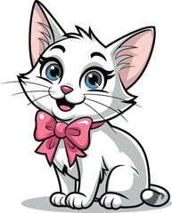 A delightful cartoon depiction of a white cat with bright blue eyes and a pink bow. This cheerful character embodies playfulness and charm, making it perfect for children's illustrations.