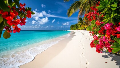 Stunning Maldivian Beach Scene: Turquoise Waters, White Sand, Palm Trees and Vibrant Red Flowers Under a Blue Sky.