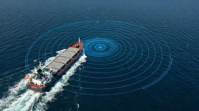 Cargo ship navigating the sea with sonar detection