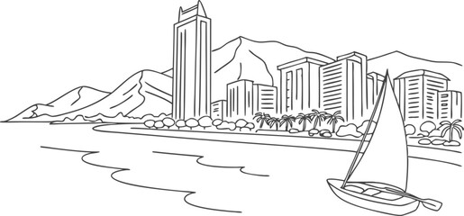 Obraz premium A minimalist one-line drawing of the Honolulu skyline, incorporating Diamond Head and Waikiki Beach in a smooth, continuous-line style.