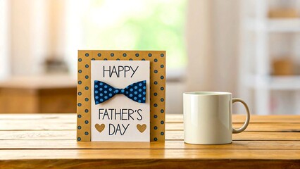 Happy Fathers Day card with bow tie design on wooden table next to coffee mug