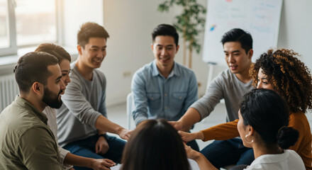 Diverse young adults in circle discussion showing connection and teamwork